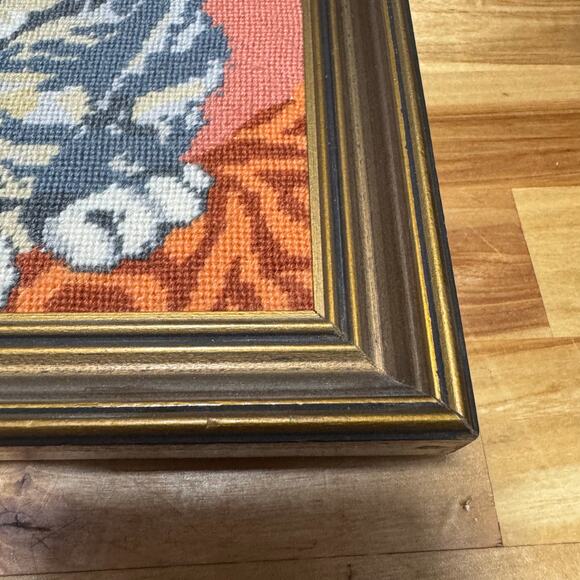 Gray Tabby Cat Framed Needlepoint Peach Background Framed 10x12 Cat Lady Gift - Picture 9 of 11
